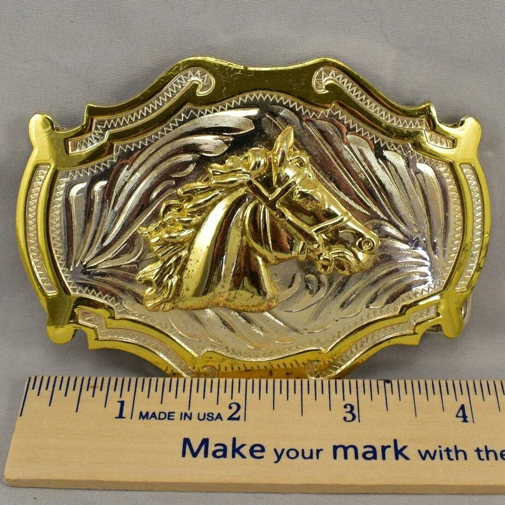 Belt Buckle‎ Horse Head Western Old West Silver and Gold Color Shiny